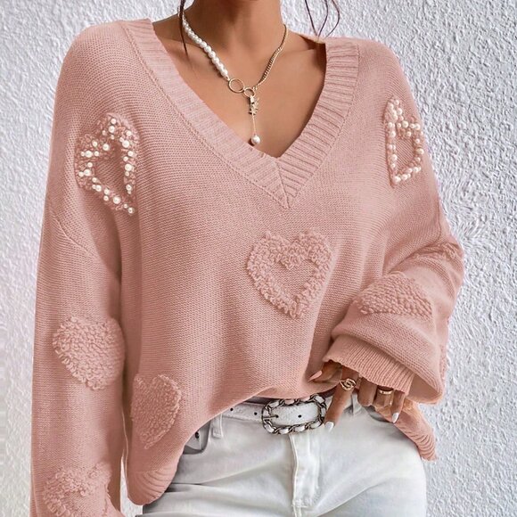Sweaters - Coral Pink Casual Women's Heart Pattern Drop Shoulder Pearls Beaded Sweater